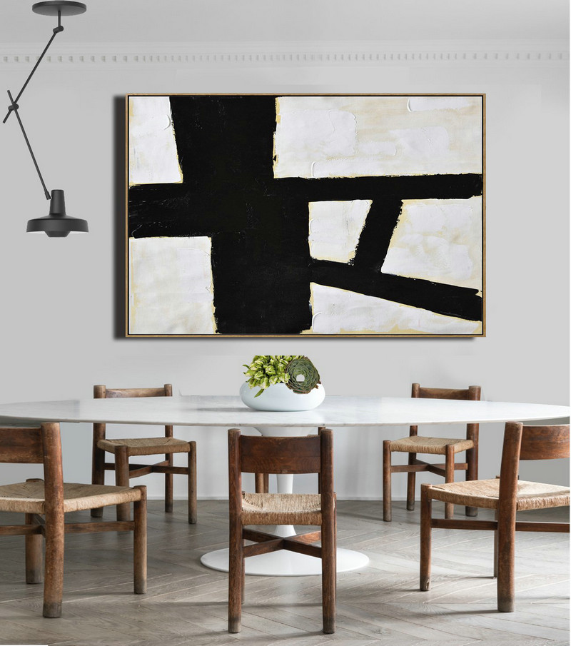 Hand Painted Original Art,Horizontal Palette Knife Minimal Canvas Art Painting Black White Beige - Contemporary Art Wall Decor